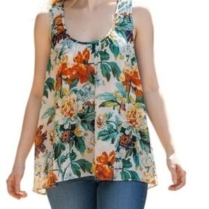 ANTHROPOLOGIE MEADOW RUE Ivory With Floral Slit Back Sleeveless Top EUC Medium